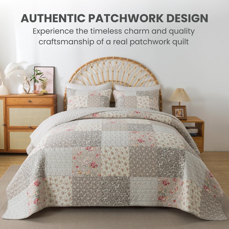 SLPR Walk in The Cotswolds Patchwork Cotton Pieced Quilt Set - Twin Size with 1 Sham, Neutral Floral & Cream Cottage Quilted Bedspread, French Country Farmhouse Bedding for All Seasons - Image 2